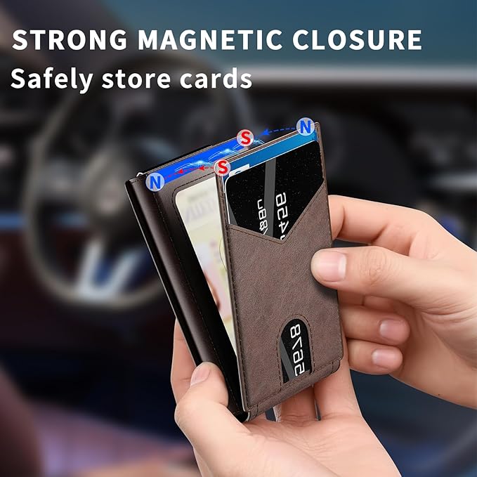 Wallet for Men Aluminum RFID Blocking-Metal Smart Pop-Up Credit Card Holder with 2 ID Windows, Holds 8-10 Cards,Bifold Security Front Pocket Wallet & Money Clip,Men's accessories (Coffee)