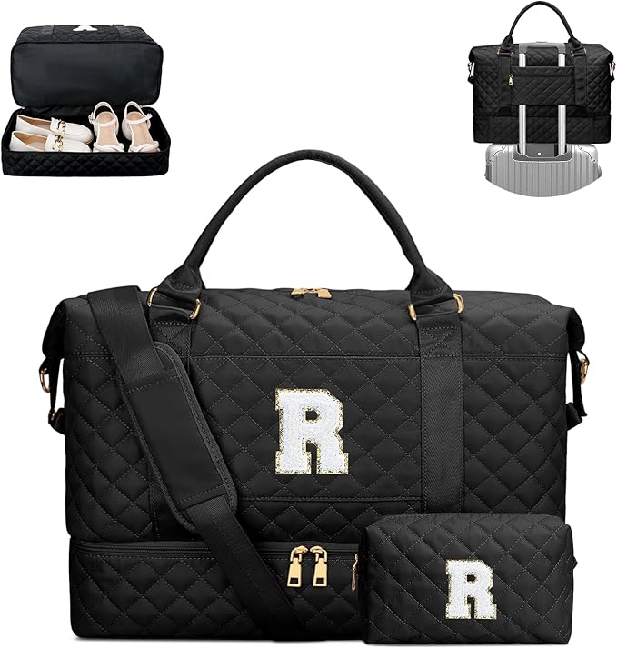 Gifts for Friend Women Girls Birthday Initial Travel Duffle Bag Quilted Weekender Bags Carry-On Overnight with Makeup Bag, Gym Bag with Shoe Compartment, Black R