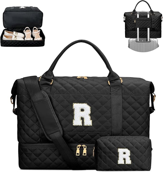 Gifts for Friend Women Girls Birthday Initial Travel Duffle Bag Quilted Weekender Bags Carry-On Overnight with Makeup Bag, Gym Bag with Shoe Compartment, Black R