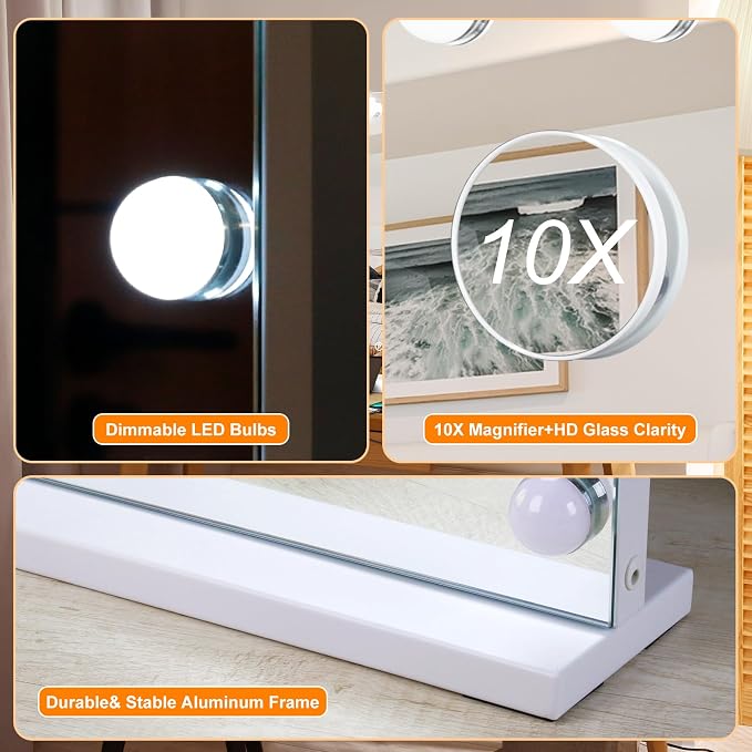 Moonee Vanity Mirror with Lights, Hollywood Lighted Makeup Mirror with 21 Dimmable Bulbs and 10X Magnification, 3 Colors Modes, Aluminum Metal Frame, Light Up Mirror for Tabletop/Wall（40" x 30"）