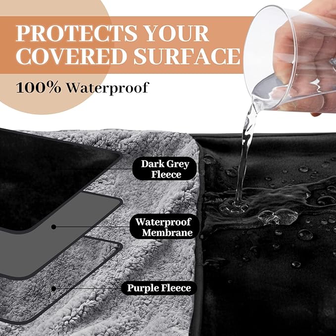 Tisancy King Size Waterproof Blanket for Bed Couch, 82'' x 82'' Double Side Leakproof Reversible Sherpa Flannel Fleece 3-Layer Lightweight Blanket, Absorbs 80oz(Black/Gray), Machine Washable