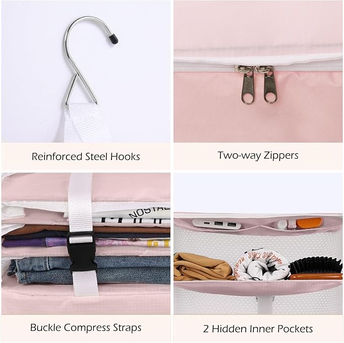 Surblue Hanging Closet Storage Bag Collapsible 3-Shelf Washable Oxford Fabric with 2 Hooks (XL 17.71*11.81*20in, Pink)