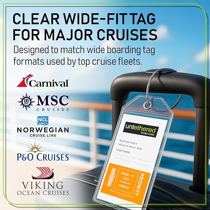 Untethered Cruise Luggage Tag Holders (6 Pack, Wide) | Clear Luggage Tags for Cruise Ships | Durable PVC Travel Bag ID Tags (6.3" x 3.5")