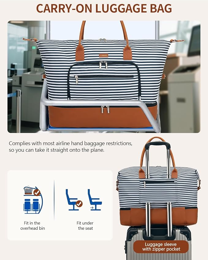Duffle Bag for Women Travel, Weekender Bag Overnight Bag with Shoe Compartment, Carry on Bag with Crossbody Purse for Over Night, Weekend, Yoga, Gym, Business Trips, Hospital, Blue Strip