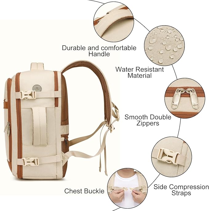 Travel Backpack for Women Airline Approved Carry On Backpack with Shoe Pouch,TSA 15.6inch Laptop Mochila Flight Approved Personal Item Bag for Weekender Overnight Bags Bookbag Travel Essentials,Beige