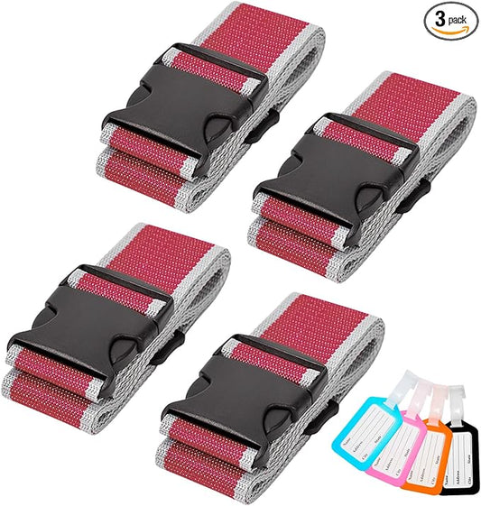 BILIONE 8 Pack Luggage Straps and Tags Set for Suitcase, 4 Vibrant Color Straps and 4 Tags, Premium Suitcase Belts Accessory for Travel (Reddish-Gray)