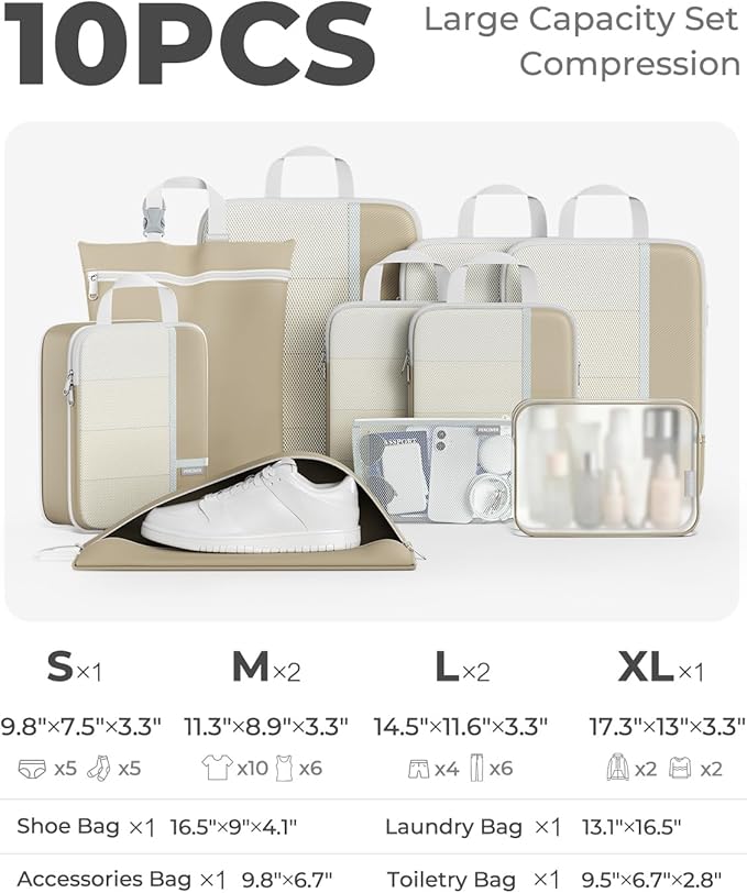 Percover Compression Packing Cubes 10-Piece Set, Packing Cubes Compression for Travel with Toiletry Bag, Laundry Bag & Shoe Bag, All-in-One Travel Organizer for Carry On & Checked Luggage, Camel