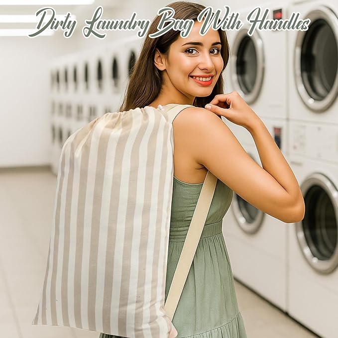 SATINIOR 2 Pcs Stripe College Laundry Bag Green Beige Canvas Travel Laundry Bags with Drawstring Shoulder Straps 29" x 18" Washable Dirty Clothes Hamper Organizer for Dorm Laundromat Apartment Camping