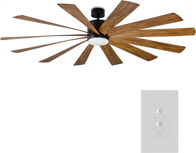 Windflower Smart Indoor and Outdoor 12-Blade Ceiling Fan 80in Matte Black Distressed Koa with 2700K LED Light Kit and Wall Control Works with Alexa, and iOS or Android App