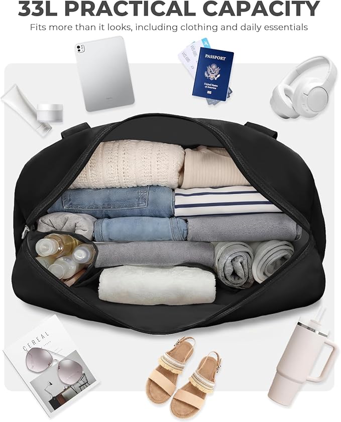 Percover Weekender Travel Duffel Bag for Women, Lightweight Soft-Structure 33L Carry-On, Water-Resistant Nylon with Shoulder Strap & Trolley Sleeve, Personal Item Friendly, Midnight Black