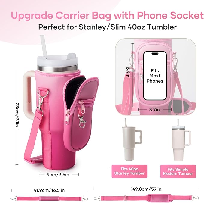 linmaya Water Bottle Carrier Bag for Stanley Cup 40/30oz with Phone Holder Pockets,Neoprene Water Bottle Cross-body Bag with Adjustable Shoulder & Hand Strap Stanley Cup Accessories
