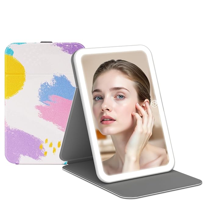 Rechargeable Travel Lighted Makeup Vanity Mirror with PU Leather Cover, Portable Travel Makeup Mirror with Lights, 3 Color Lighting,Touch Sensor Dimmable, Light Up Tabletop Cosmetic Mirror Folding