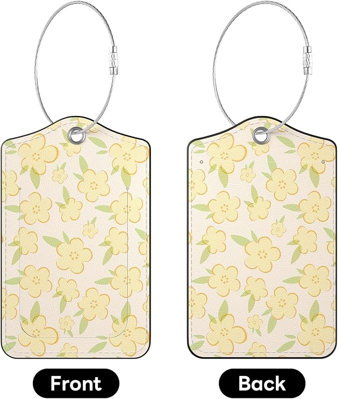 2 Pack PU Leather Luggage Tags for Suitcases, Privacy Protection Cover with Stainless Steel Loop and Address Card, Travel Cruise Essentials (Yellow Flower)