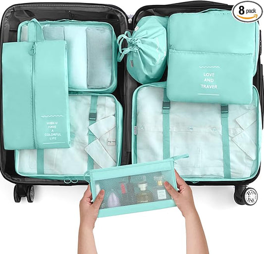 KPX 8 Set Packing Cubes for Travel, Luggage Packing Organizers Accessories Large Toiletries Bag for Clothes Shoes Cosmetics (Blue)