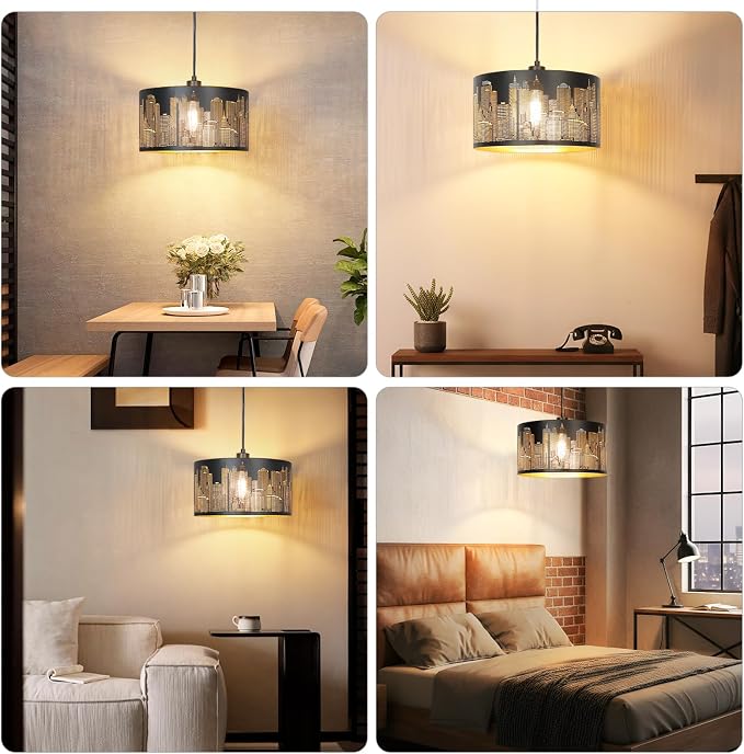 Qingmiao Boho Plug in Pendant Light, Black Shade, 3 Way Bulb, 14ft Cord | Hanging Lamp Plug in, 3-Way Dimmable Hanging Light Fixture for Living Room Bedroom Kitchen Ceiling Home Decor