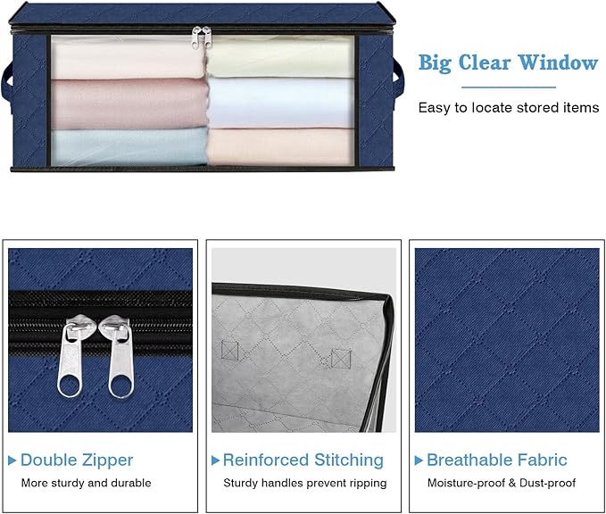 HomeHacks Storage 10-Pack Clothes Organizer Storage Bags Foldable Storage Box with Large Clear Window Sturdy Handles for Closet, Dorm, Pillows, Bedding, Clothes, Blankets, 35L, Blue