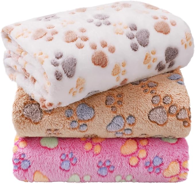 LINENLUX 1 Pack 3 Blankets Super Soft Fluffy Premium Fleece Dog Blankets for Puppy Cat Pet Blanket Flannel Throw Warm Sleep Dog Paw 31x20 inches