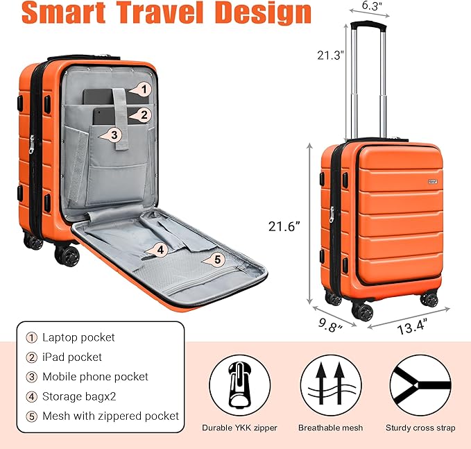 SmileLine 20 inch Carry-On, Lightweight Hardside Suitcase, Expandable Small Suitcase with Front Pocket, Orange