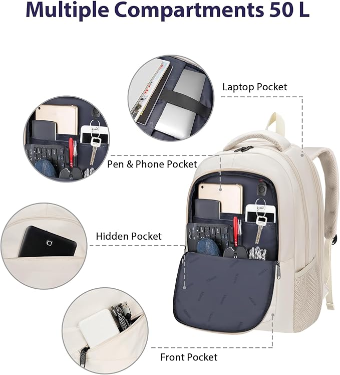 MATEIN Extra Large Backpack for Women, 18 Inch TSA College Backpack with Multiple Compartments & Anti Theft Pocket, 50 L Fashion Work Computer Carryon for Business, Cream Beige