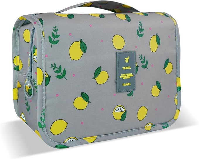 Large Capacity Toiletry Bag Travel Bag with Hanging Hook for Men and Women Waterproof Travel Cosmetic Bag Bathroom Storage Bag for Brushes Set,Full-Sized Shampoo,Accessories-Grey Lemon