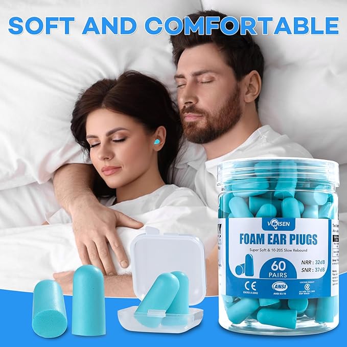 VOISEN 60 Pairs Foam Ear Plugs, Ear Plugs for Sleeping Noise Cancelling, 32dB NRR, 37dB SNR Earplugs for Sleeping, Snoring, Studying, Loud Events, Traveling & Concerts, A Storage Box, Blue