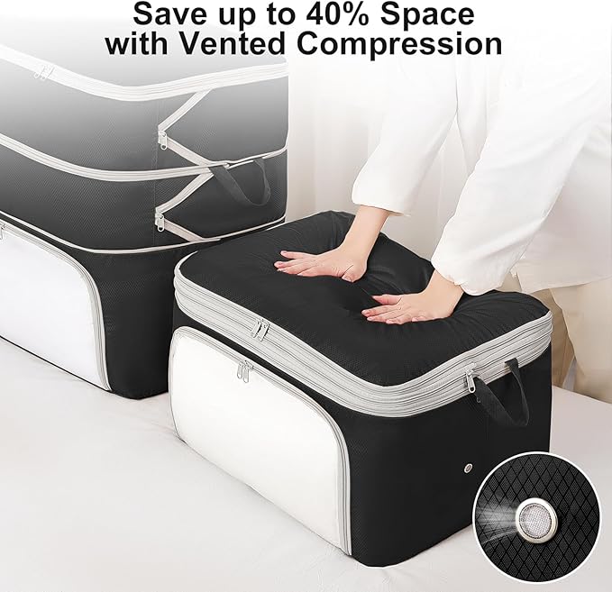 Comforter Storage Bag - 130L Blanket Storage Bags Front-opening Ultra Space Saving Self Compression Organizer, Washable Compression Bags for Storage Comforter Blanket, 2 Pack, Black