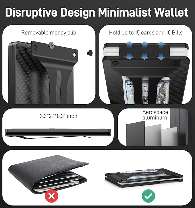 Carbon Fiber Minimalist Wallet for Men Credit Card Holder Money Clip & Cash Strap Slim RFID Mens Wallets-Carbon Fiber