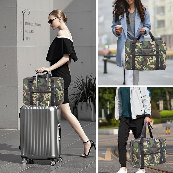 Small Duffle Bag for Men Women, Mini Gym Bag Foldable Travel Tote Carry On Luggage with Trolley Sleeve, Green Camo