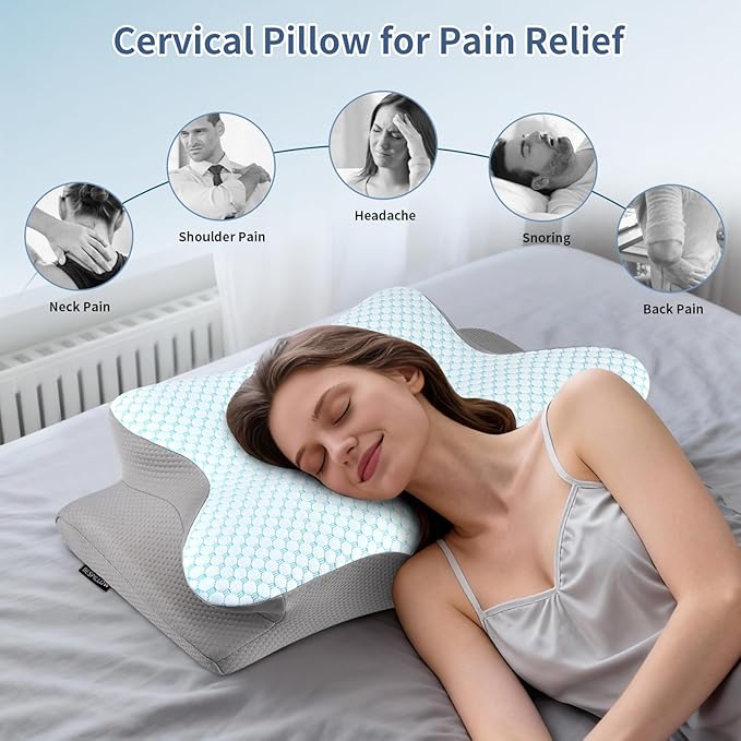 Cervical Neck Pillow for Pain Relief, Memory Foam Contour Orthopedic Pillow, Ergonomic Cooling Neck Support Pillow for Side Back Stomach Sleepers, Bed Pillow for Sleeping Comfort