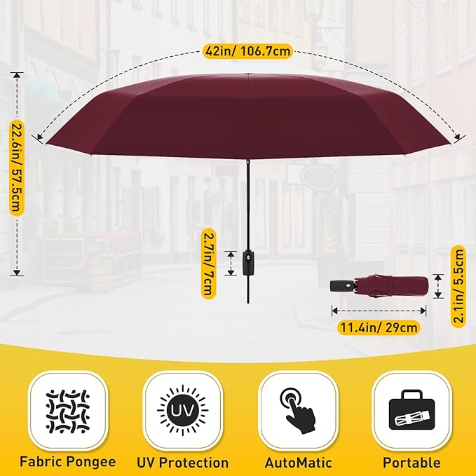 Windproof Travel Umbrella, Compact Umbrella, Car Umbrellas for Rain & Sun, 8 Fiberglass Ribs for Strong UV & Wind Resistance, Portable, Lightweight, Vent, Easy Automatic Open/Close
