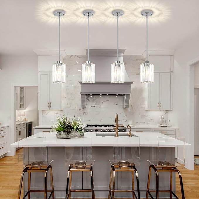 2 Pack Chrome Pendant Lights Over Island Modern Crystal Kitchen Lighting | Hanging Hallway Ceiling Lights, Adjustable Height Pendant Lighting for Dining Room Bathroom Bedroom Above Sink