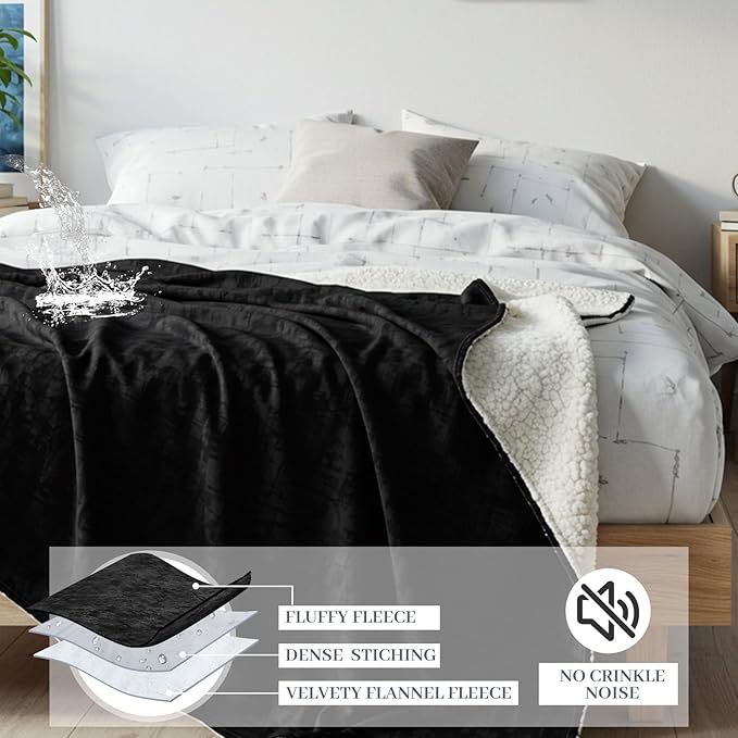 Tisancy Black Waterproof Bed Blanket, 45'' x 40'' Portable Double Side Leakproof Sherpa Flannel Fleece 3 Layer Lightweight Blanket Fits Single Chairs/Travel, Ideal for Small Spots, Absorbs 18oz