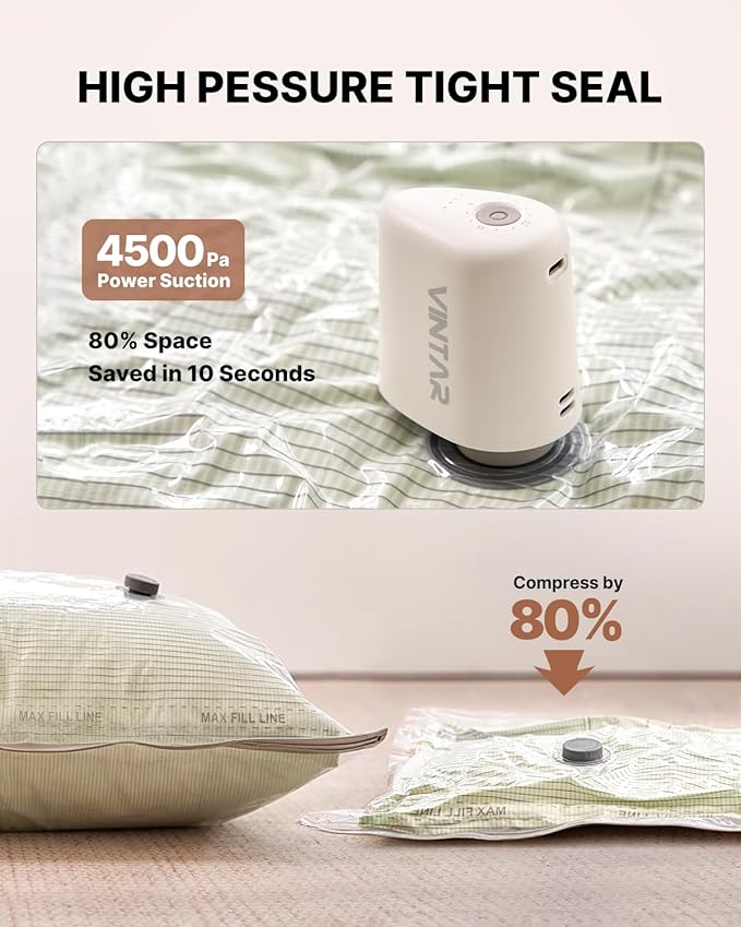 Vacuum Seal Bags for Clothing Travel with Rechargeable Cordless Pump, VINTAR 24 Pack Space Saver Vacuum Storage Bags, Travel Vacuum Compression Bags Set for Luggage Clothes Bedding Blanket