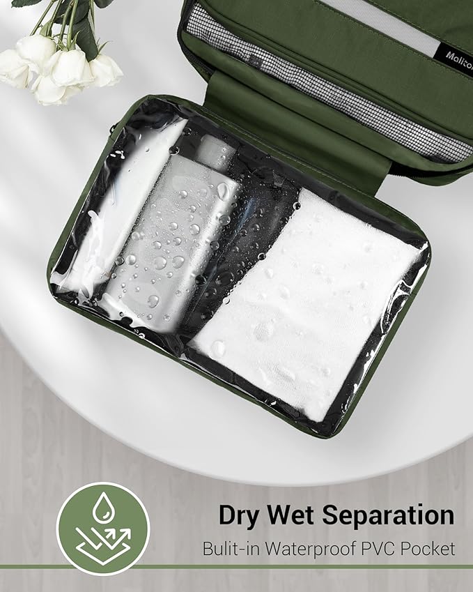 Maliton Toiletry Bag for Men & Women Large Toiletry Bags for Traveling Hanging Toiletry Bag Hygiene Bag with 4 Compartments Waterproof Bathroom Shower Bag(Olive Green)