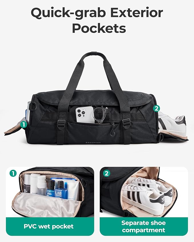 BAGSMART 4-IN-1 Duffle Bag for Travel, 40L Travel Bag Gym Duffle, TSA Carry on Backpack with Shoes Compartment & Wet Pocket, Water-resistant Workout Duffel, Camel