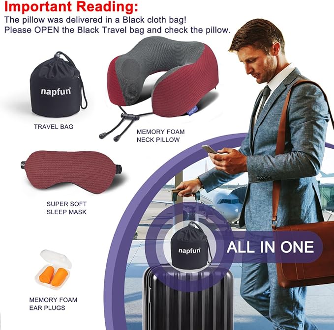 napfun Neck Pillow for Travel with Travel Pouch, Sleep Mask & Earplugs, Memory Foam Airplane Pillow for Headrest Sleep with Eyeshades, Plane Essentials with Eye Blindfold, Burgundy Striped Kit