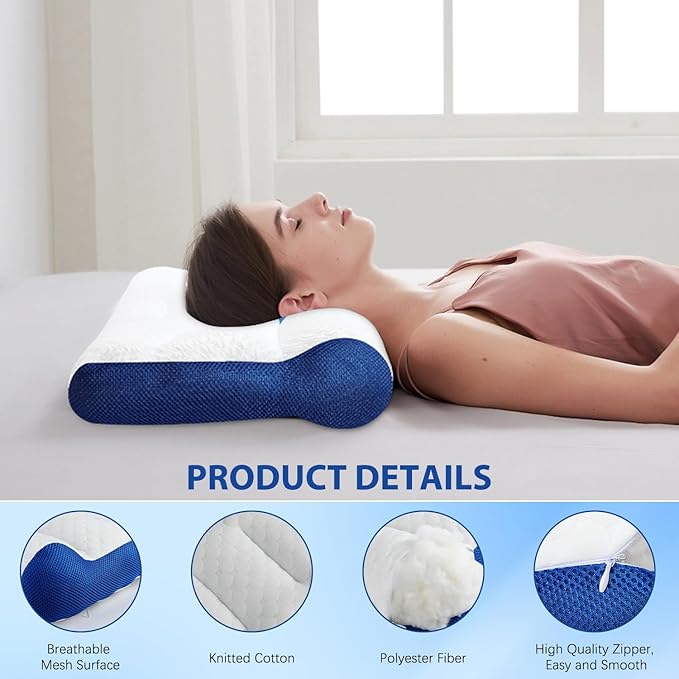 Ergonomic Pillow,Neck Pillow Cervical Pillow for Neck Strain Relief, Neck Pillow for Sleeping,Cervical Contour Neck Support Pillows for Side Back Stomach Sleeper (White and Blue)