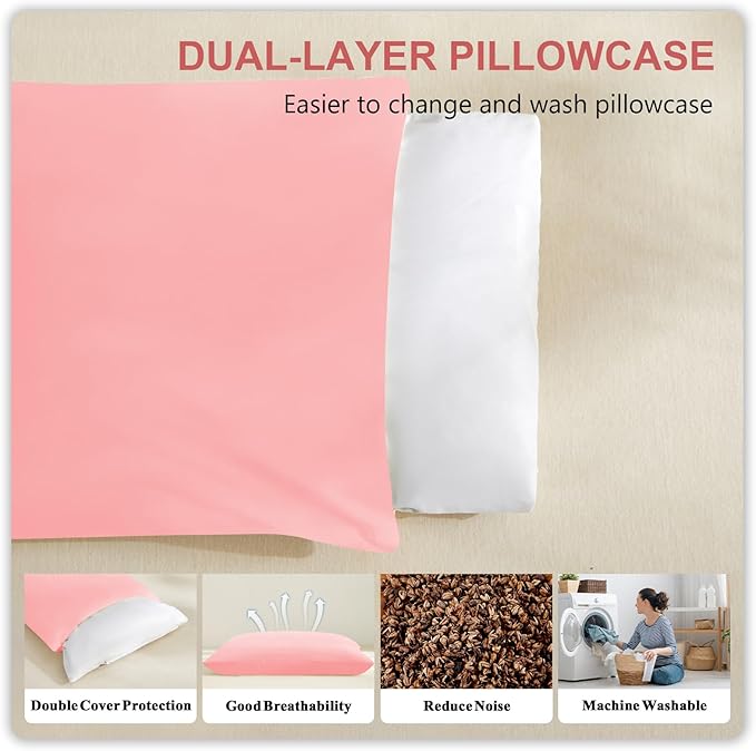 Organic Buckwheat Pillow for Sleeping with Dual-Layer Pillowcase and Extra Tartary Buckwheat Hulls, Adjust Height and Firmness, Neck Support Pillow for Back and Side Sleepers 14"x20", Pink