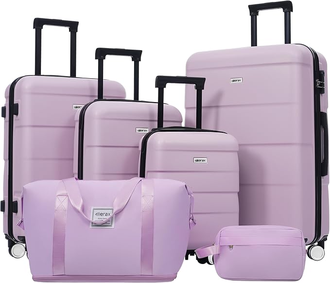 Merax Luggage Sets,6 Piece Carry on Suitcase with Travel Bags,Hardcase Suitcase Set with Double Spinner Wheels,16/20/24/28 IN Luggage Airline Approved,Pink Purple