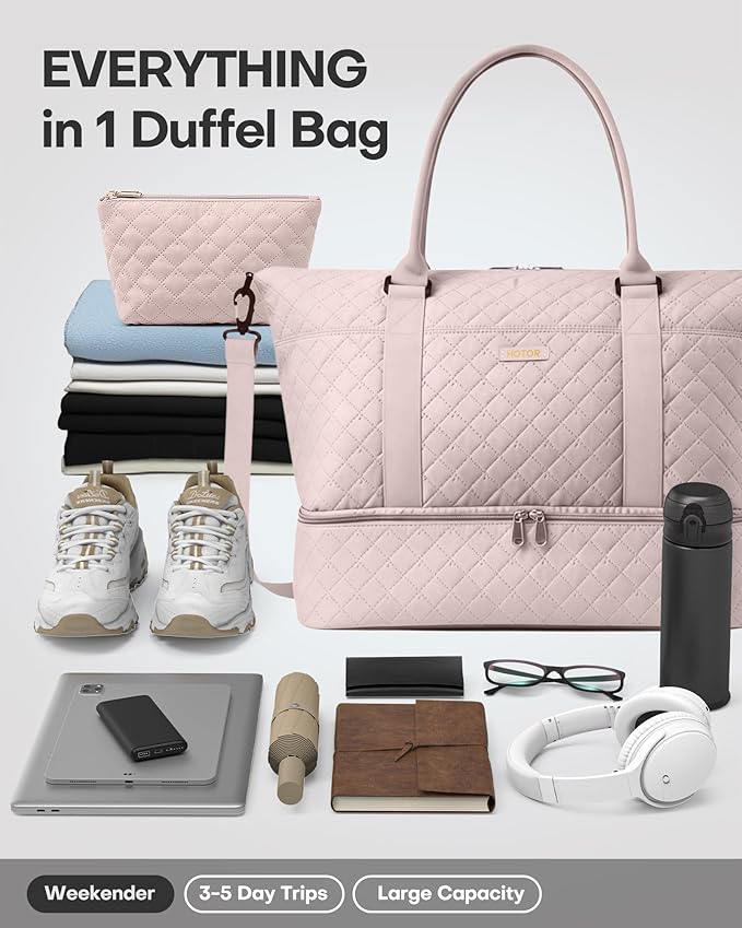 HOTOR Travel Duffel Bag - Weekender Bags for Women, Gym Tote Bags with Shoe Compartment, Carry On Overnight Bag with Toiletry Bag for Travel Essentials and Travel Accessories, Pink, 13.4"×17.3"×7.9"