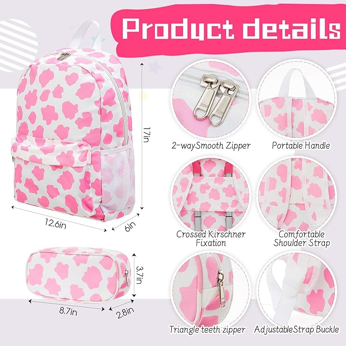 Redbaker 17 Inch 6 Pcs Kids Luggage Set Kids Rolling Luggage Double Pattern Suitcase for Boys Girls (Pink and White, Cow Point Style)