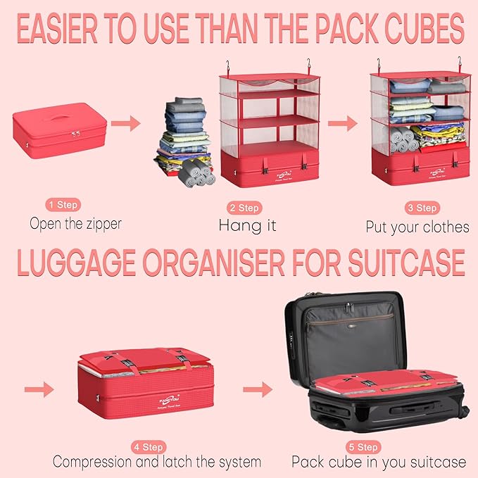 Compressible Packing Cubes Portable Hanging Closet Shelves 17"x12"x24" Extendable Travel Organizer Nylon Packing Bags for Suitcase
