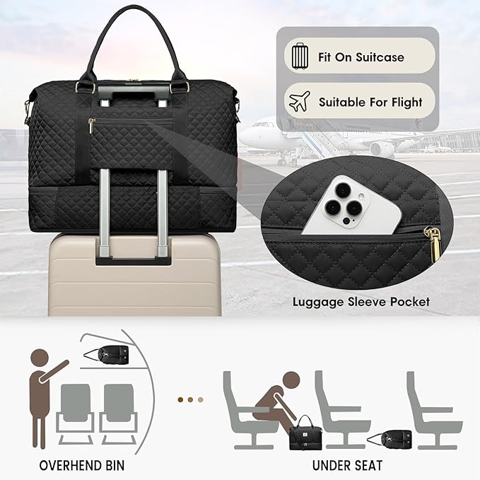 Large Women Travel Duffle Bag - Carry on Overnight Bags Weekend Travel Duffel Tote with Wet Pocket Weekender for Travel Business Trips Sports Hospital Black 3 Pcs Set