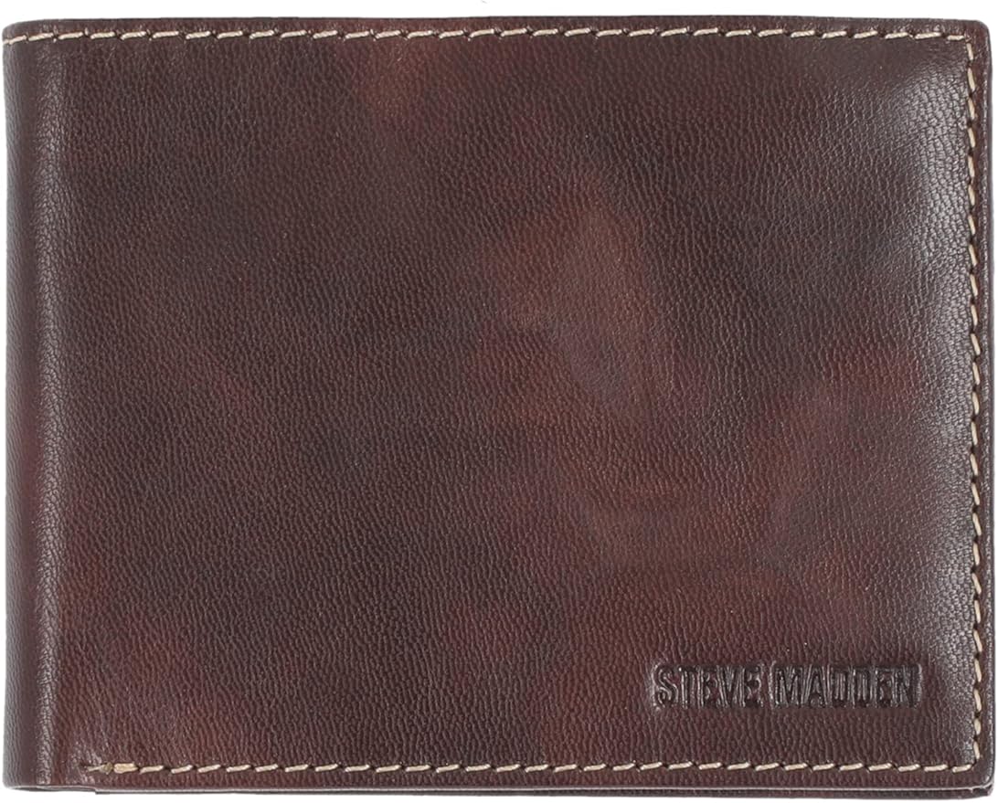 Steve Madden Men's Slim Leather Wallet with Extra Capacity Attached Flip Pockets