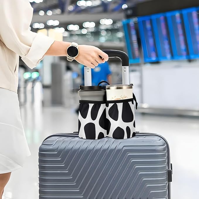 Luggage Cup Holder for Suitcases Free Hands Travel Cup Holder Portable Suitcase Cup Drink Holder Luggage Cup Caddy Bag Carrier Cow Print