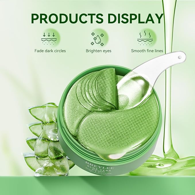 BREYLEE Aloe Vera Eye Masks– 60 Pcs - Puffy Eyes and Dark Circles Treatments – Look Younger and Reduce Wrinkles and Fine Lines Undereye, Improve and Firm eye Skin - Pure Natural Material Extraction