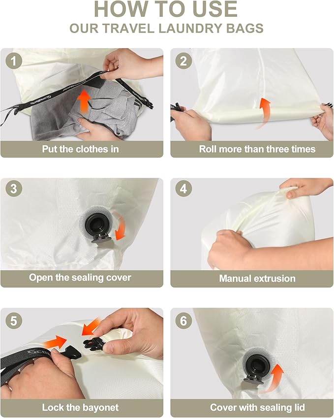 Travel Compression Laundry Bag for Dirty Clothes, Pump-Free Vacuum Space Saver Bag, Reusable Waterproof Wet Dry Bag, Travel Laundry Bag for Luggage, Packing, Suitcase (1 Pcs)（White, L)