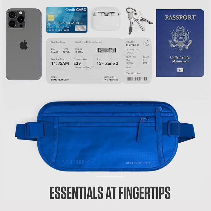 VENTURE 4TH Money Belt for Travel – Hidden Under-Clothes RFID Blocking Passport Holder & Slim Travel Wallet Pouch for Men & Women to Protect Cash, Cards & Documents (Sleek Blue)