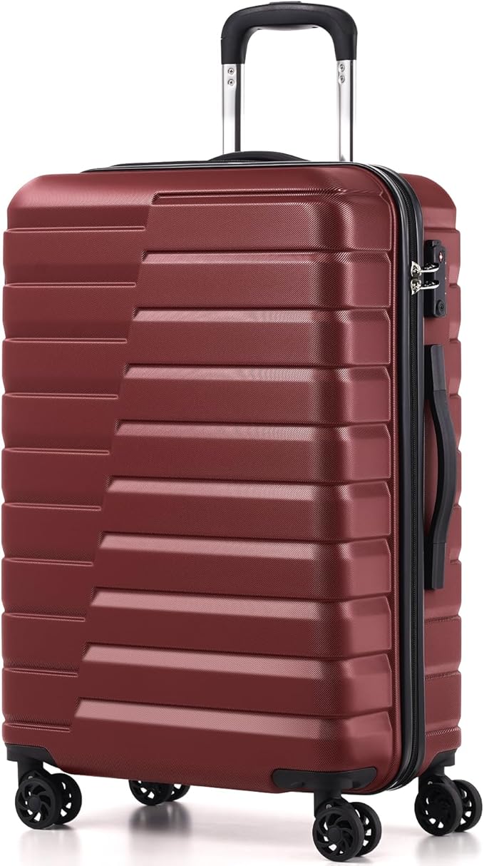Coolife Medium Checked Luggage with Spinner Wheels, Hardside Suitcase TSA Lock Lightweight Travel Luggage 24-inch,Wine Red
