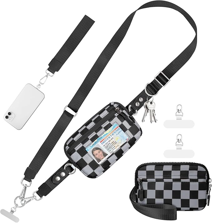 Tiostep Clip and Go Strap for Phone with Wallet Crossbody Phone Lanyard and Detachable Checkered Bag with ID Window and RFID Pouch for Daily Travel.